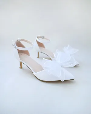 Satin Pointy Toe Wedding Low Heels with Layered Organza Bow