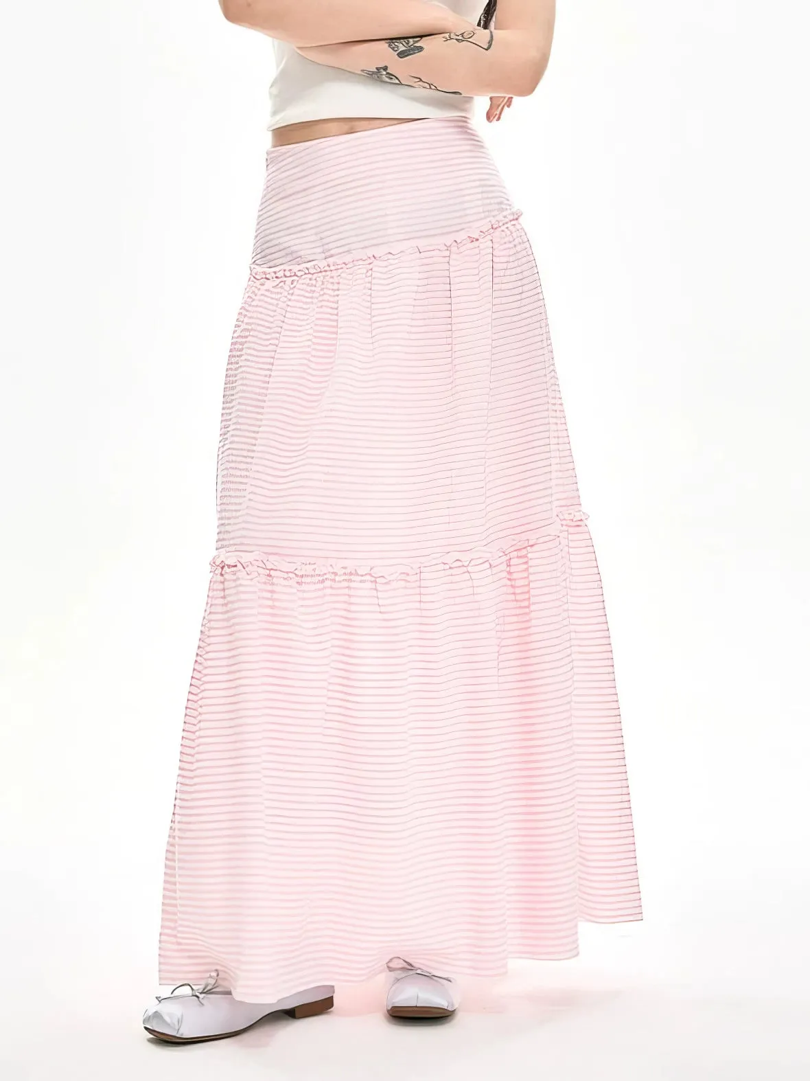 Striped Ruffle Hem Maxi Skirt