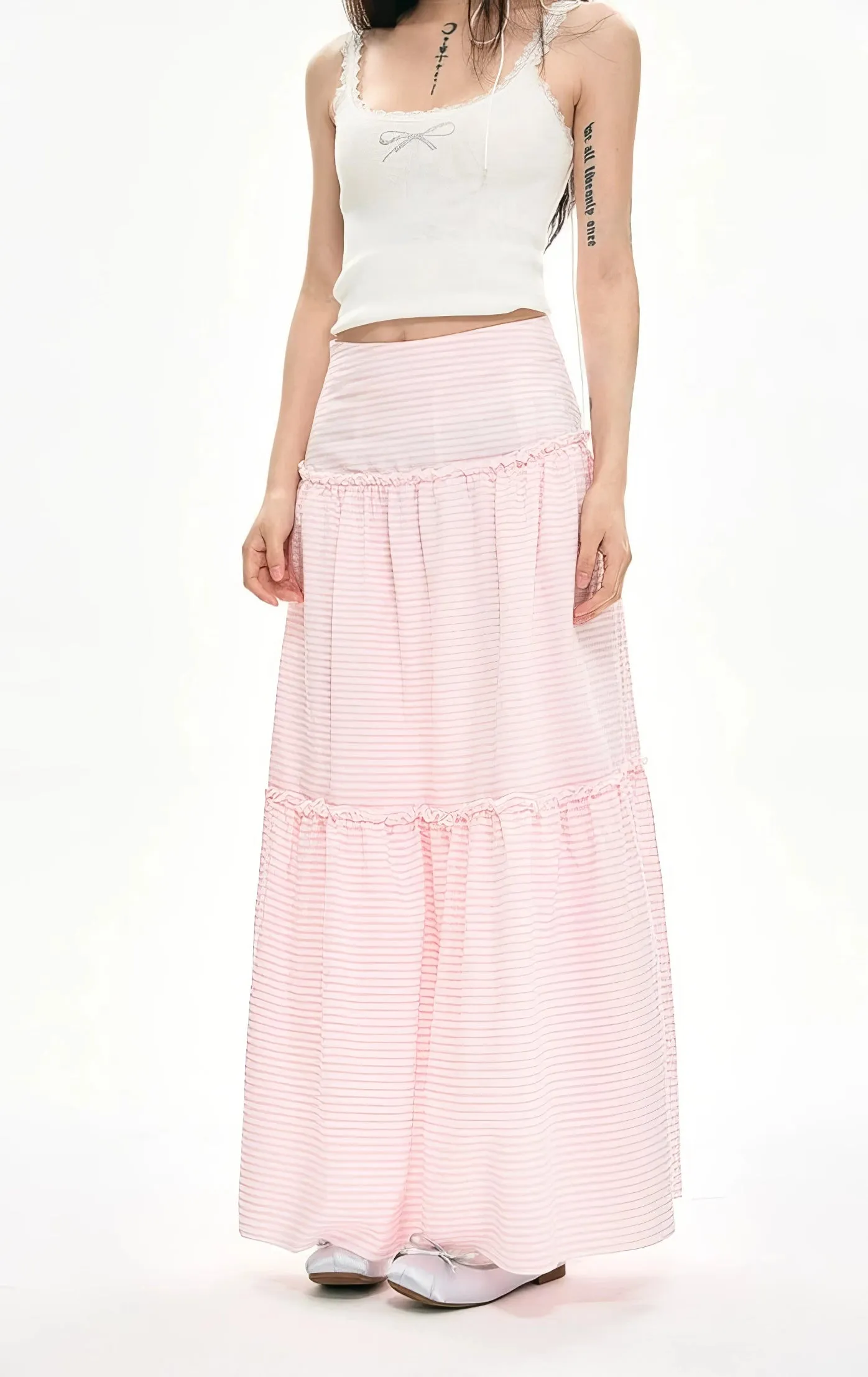 Striped Ruffle Hem Maxi Skirt