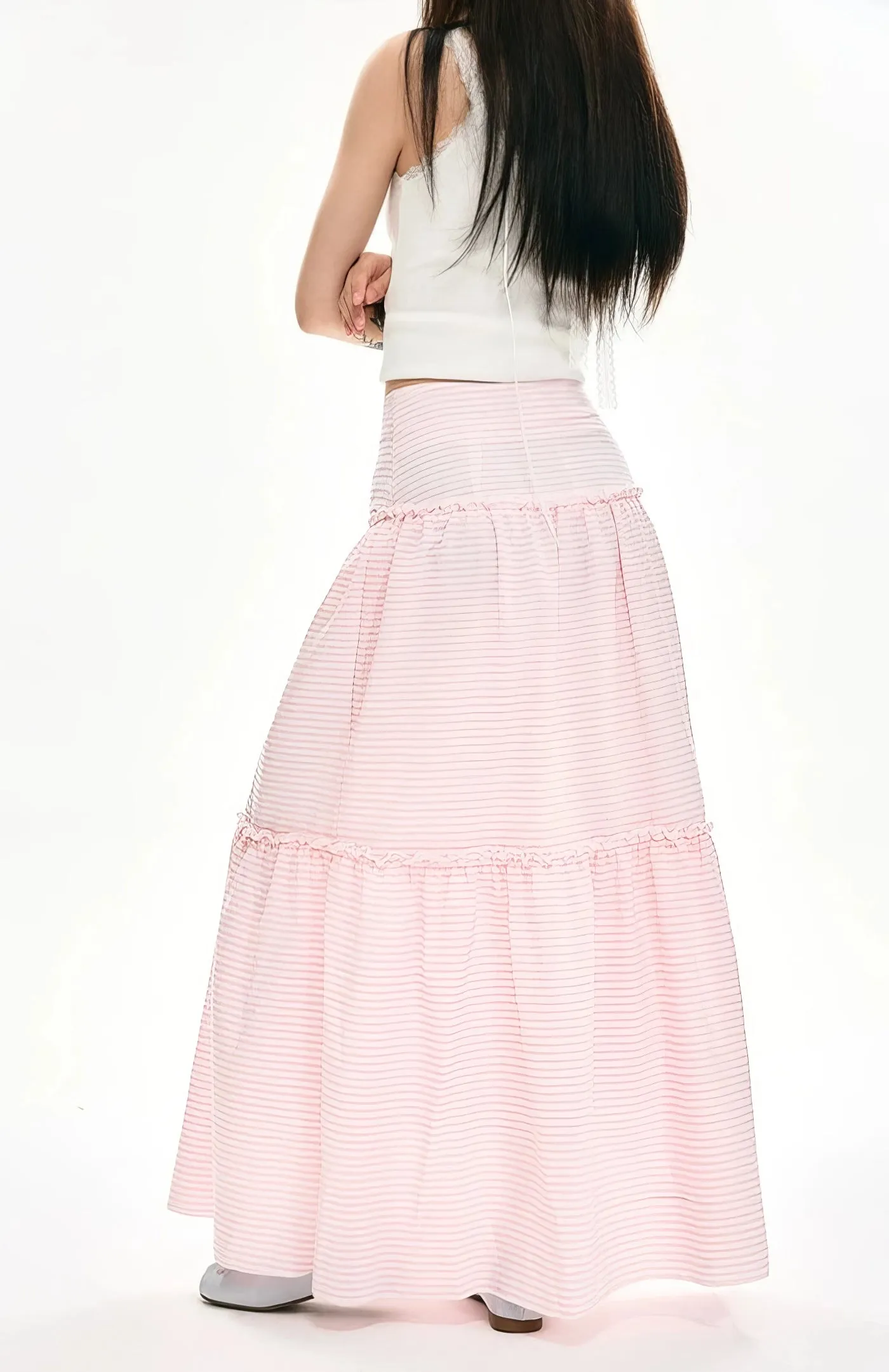 Striped Ruffle Hem Maxi Skirt