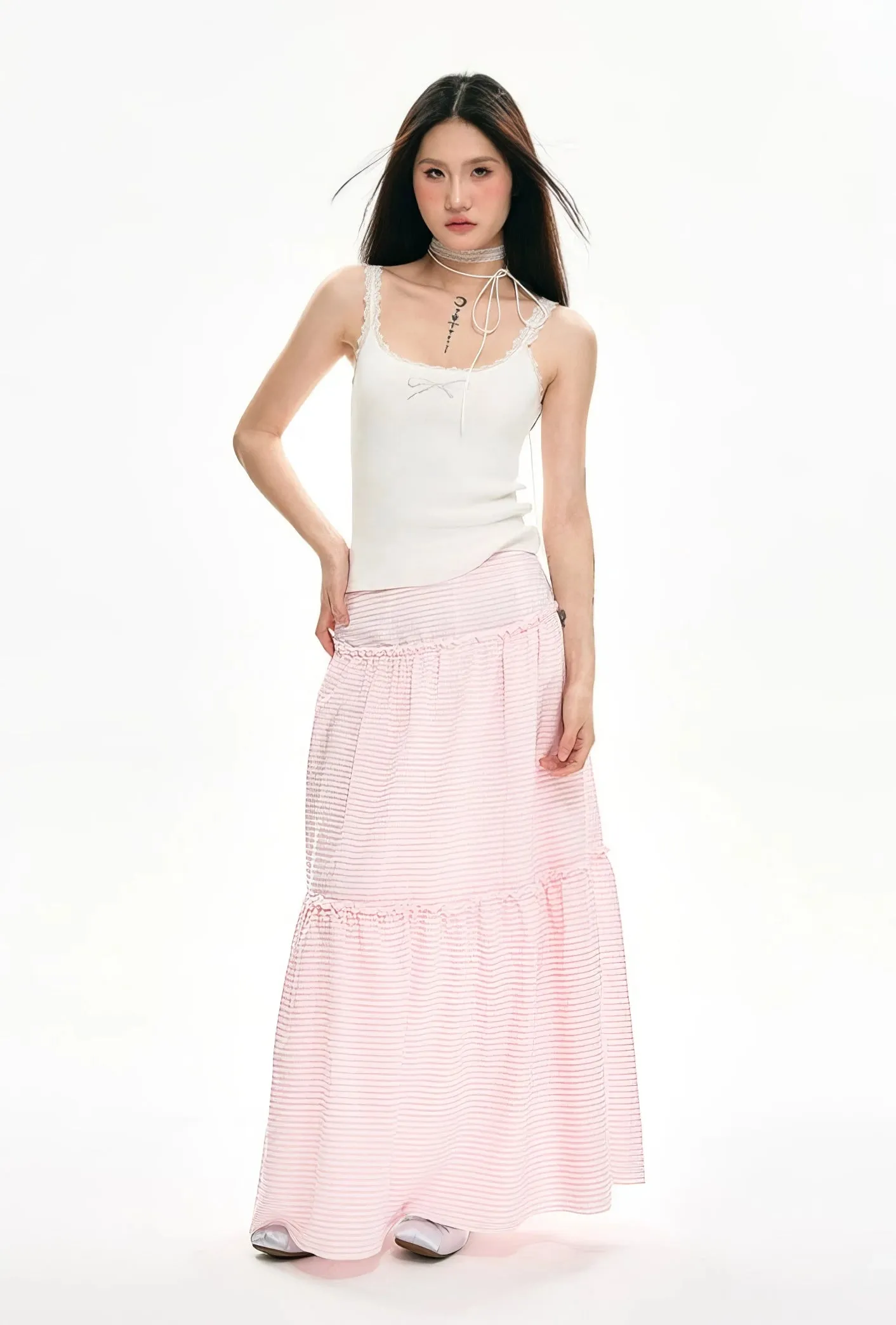 Striped Ruffle Hem Maxi Skirt