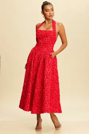 Timeless Grace Jacquard Midi  Dress (Red)
