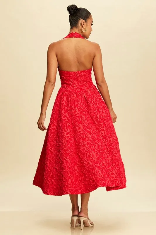 Timeless Grace Jacquard Midi  Dress (Red)