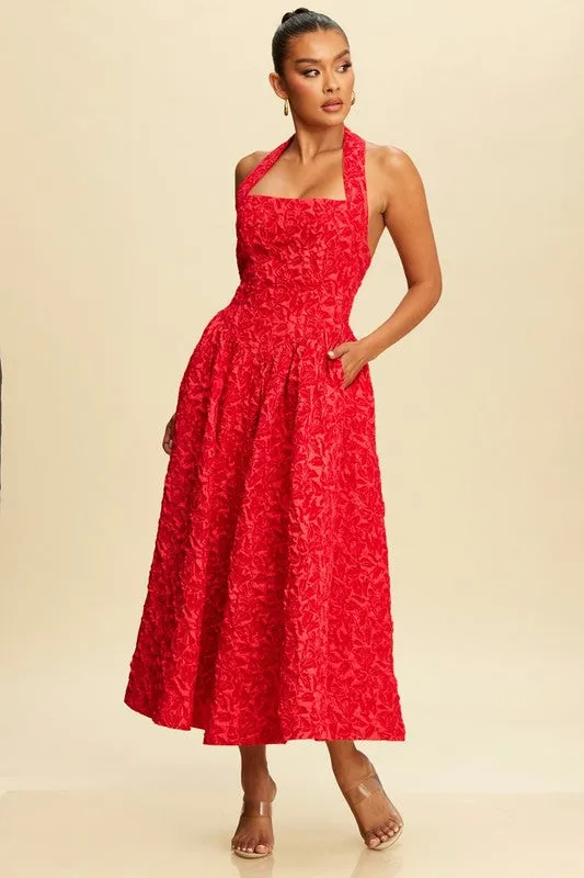 Timeless Grace Jacquard Midi  Dress (Red)