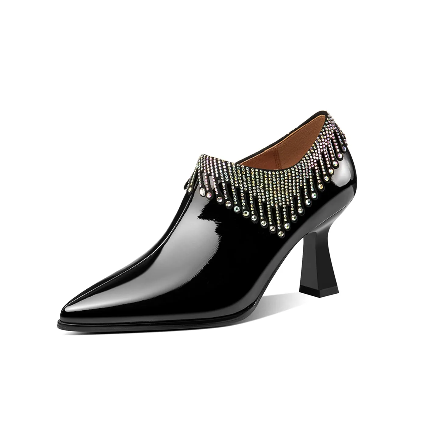 TinaCus Pointed Toe Women's Patent Leather Glitter Tassel Handmade Spool Heel Side Zip Pumps