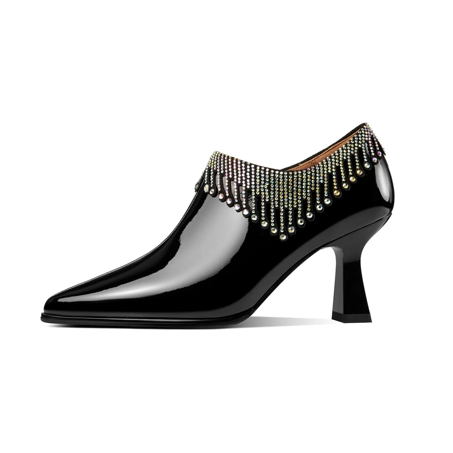 TinaCus Pointed Toe Women's Patent Leather Glitter Tassel Handmade Spool Heel Side Zip Pumps