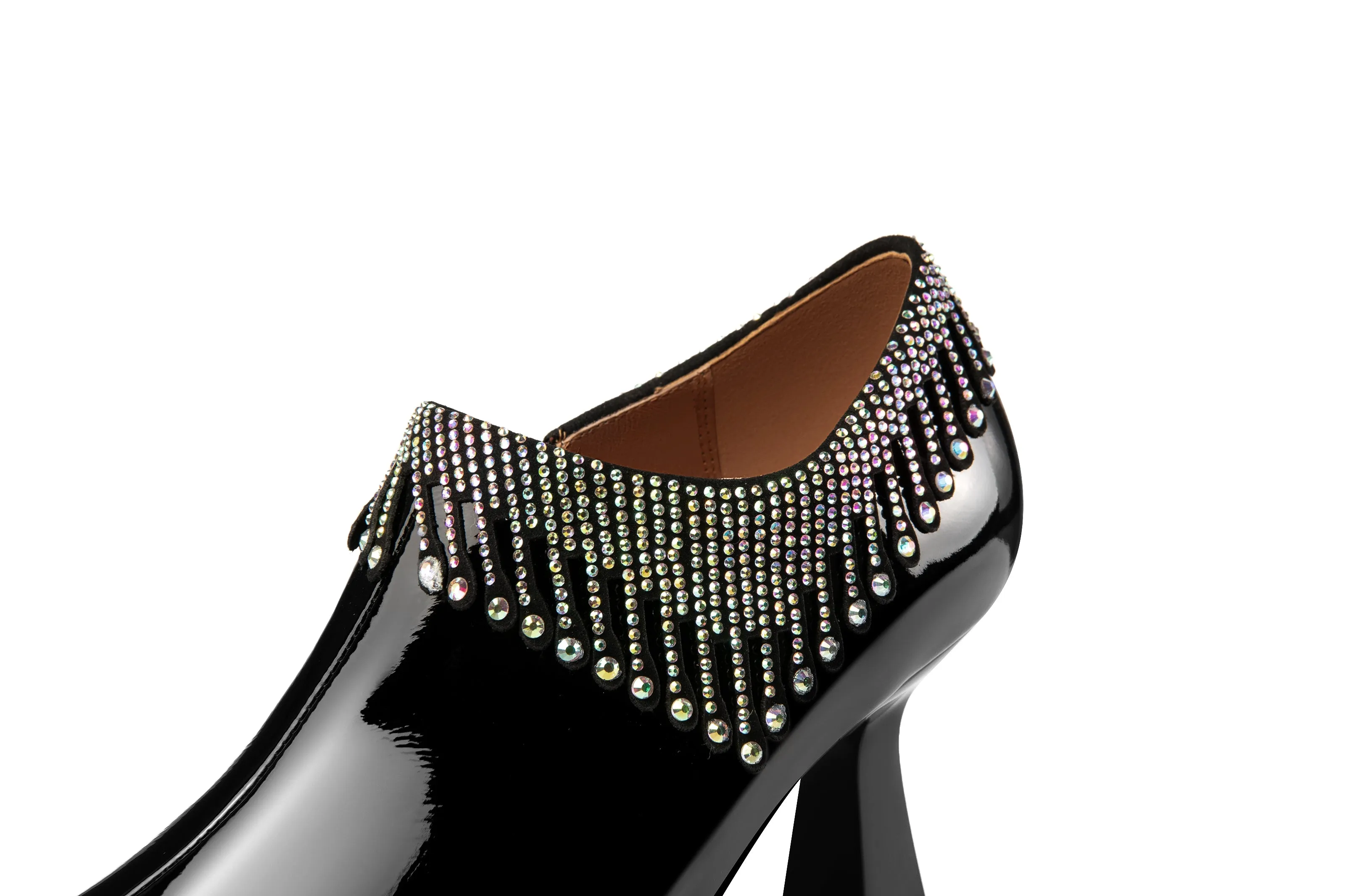 TinaCus Pointed Toe Women's Patent Leather Glitter Tassel Handmade Spool Heel Side Zip Pumps