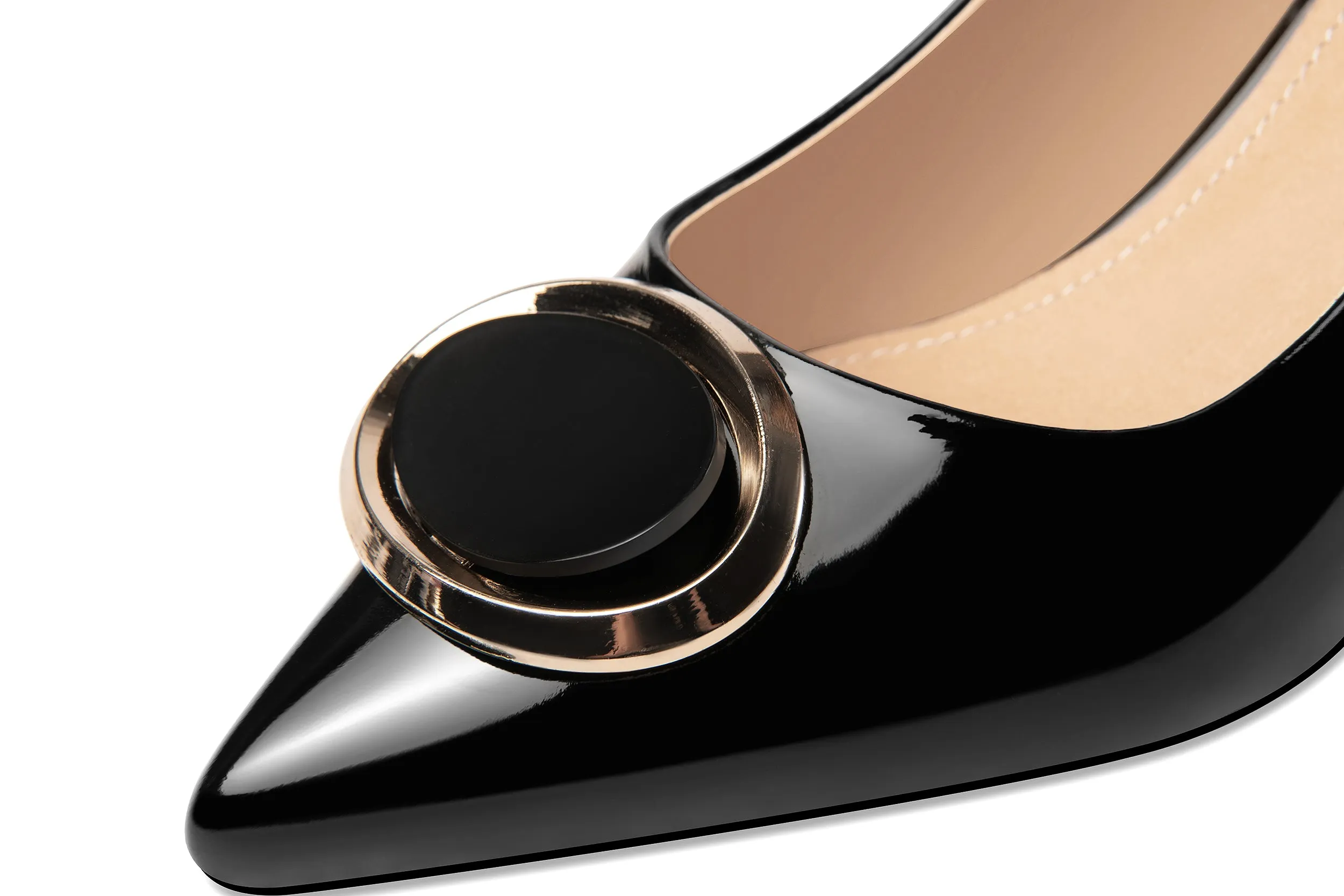 TinaCus Women's Patent Leather Pointed Toe Handmade Buckle Mid Chunky Heel Stylish Pumps Shoes