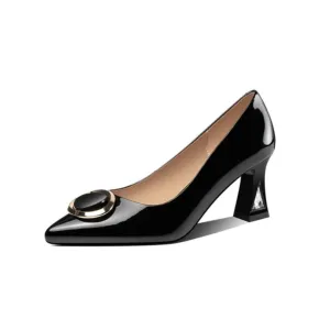TinaCus Women's Patent Leather Pointed Toe Handmade Buckle Mid Chunky Heel Stylish Pumps Shoes