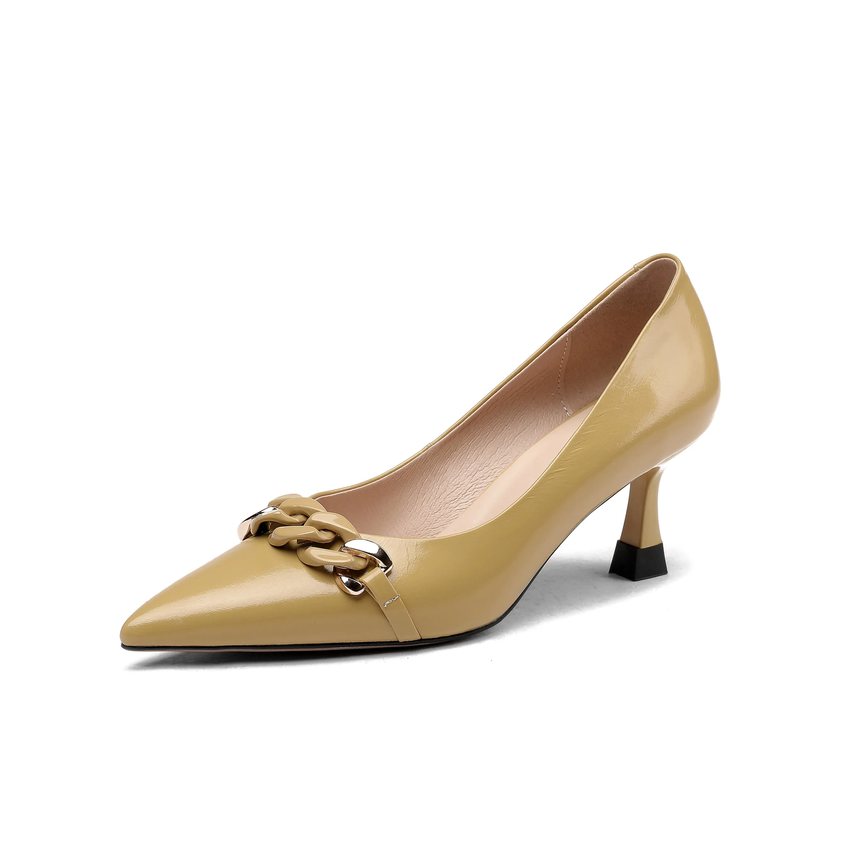 TinaCus Women's Pointed Toe Handmade Chain Décor Patent Leather Stiletto Mid Heels Stylish Pumps Shoes