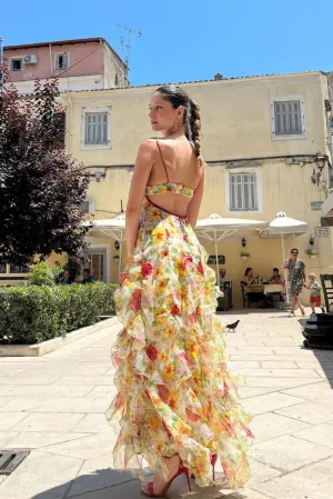 Velora - Chiffon Rose Print Slit Maxi Dress Velora - Chiffon Rose Print Slit Maxi Dress
