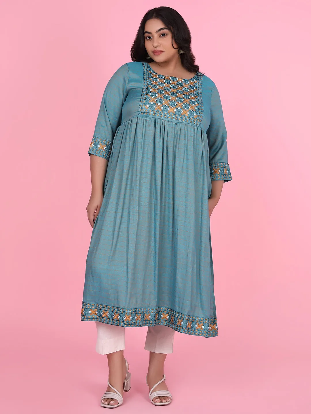 Women Teal Woven Design A Line Kurta