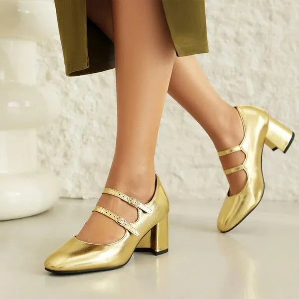 Women's Fashionable Gold Double Buckle Mary Jane 24143641S